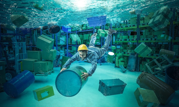 Worker clings to a bin in a totally flooded warehouse.