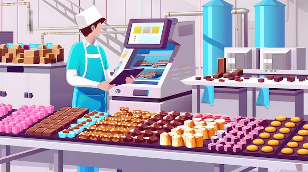 worker control quality of sweets candy with computer tablet concept banner modern food industry