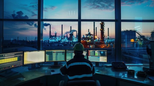 Photo a worker in a control room overlooks a large industrial complex at dusk managing operations with multiple data screens