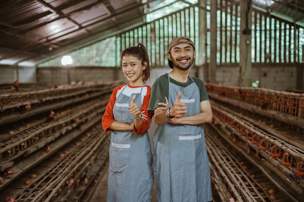 Worker couple smiling at the camera wearing apron with thumbs up standing at chicken farm