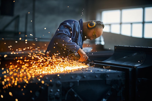 Worker creating fence near orange sparks in smithy