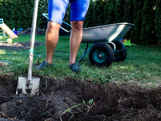 Worker digs the black soil with shovel in the vegetable garden agriculture and tough work concept