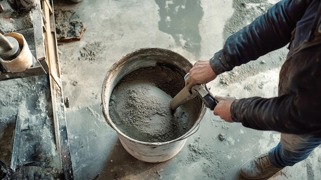 Photo the worker diligently blends the cement solution using an electric mixer creating a smooth and consistent texture in the bucket on the construction site