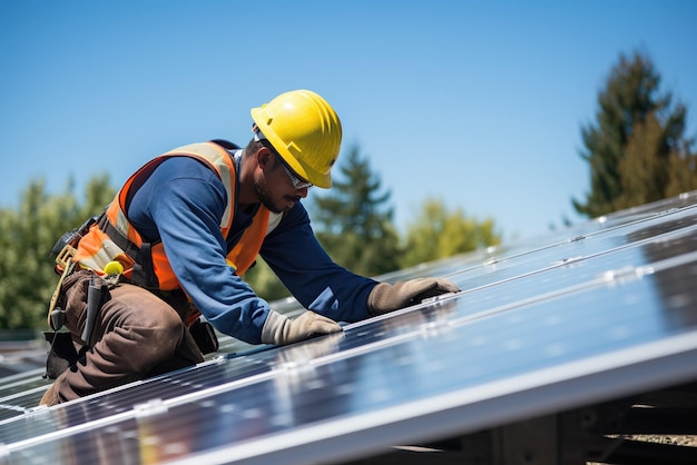 A worker doing maintenance on the solar panels