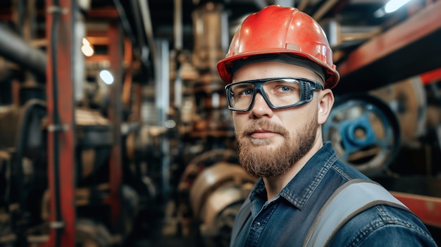 A worker dressed in safety gear including a hard hat and protective glasses stands confidently in an industrial setting filled with machinery