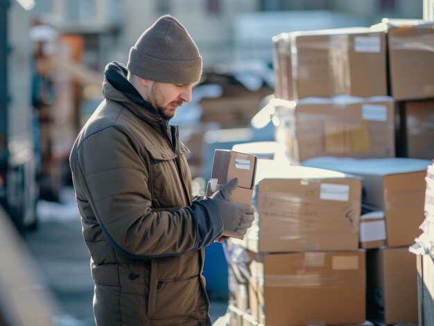 Photo a worker dressed in winter clothing sorts through boxes outdoors preparing shipments or deliveries o