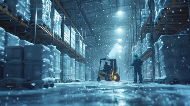 Photo worker driving a forklift in a chilled and foggy cold storage warehouse with pallets of goods