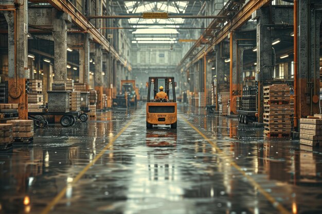 Photo worker driving a forklift efficiently transporting materials within a large factory