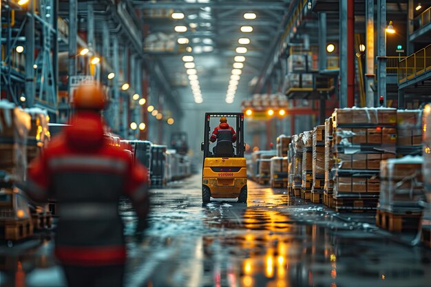 Photo worker driving a forklift efficiently transporting materials within a large factory