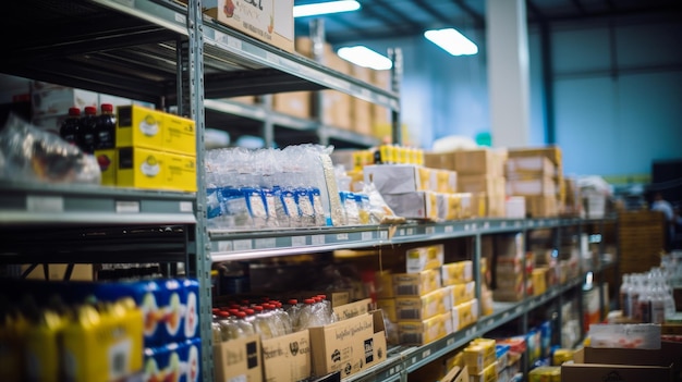 Worker driving forklift in warehouse preparing products for shipment and stock checking