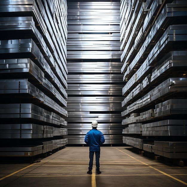 Worker Examining Stacked Metal Sheets