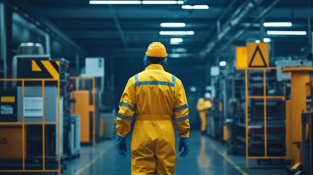 Photo worker in a factory following a stepbystep safety procedure