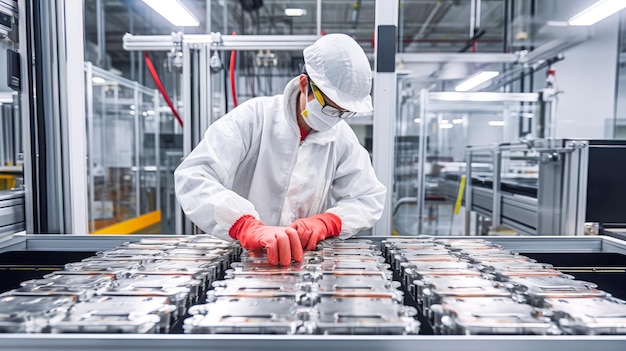 A worker in a factory wearing a face mask and gloves works on a piece of metal.