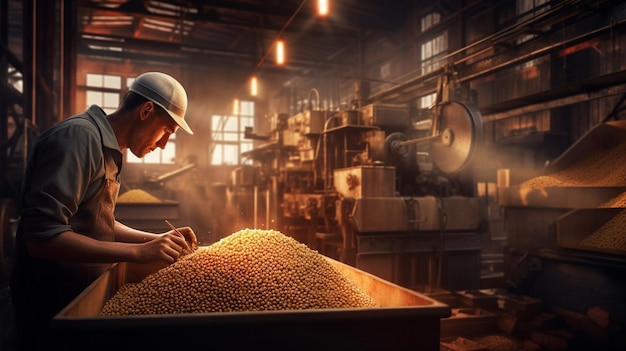 A worker in a factory with a pile of grain in his hand.