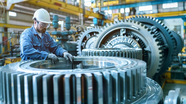 a worker in a factory working on a machine with a large metal piece