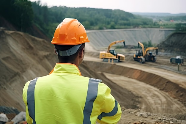 Worker from behind dressed in work clothes observing some excavators on the construction site Ai generative