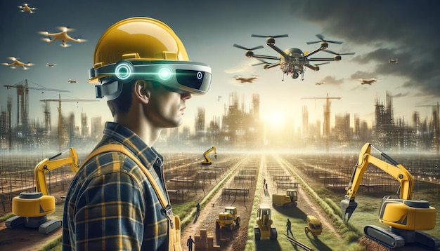 Worker in futuristic AR glasses overseeing drones and construction machinery