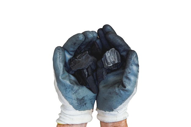 Worker in gloves holding coal in hands isolated on white top view space for text