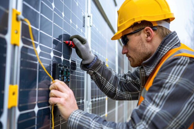 Photo a worker in a hard hat installs solar panels