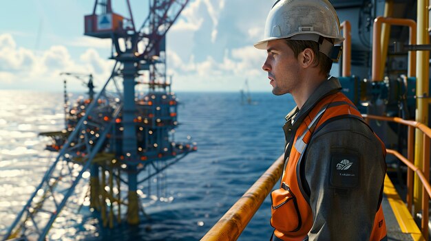 Photo a worker in a hardhat and safety vest stands on an offshore oil rig looking out at the ocean