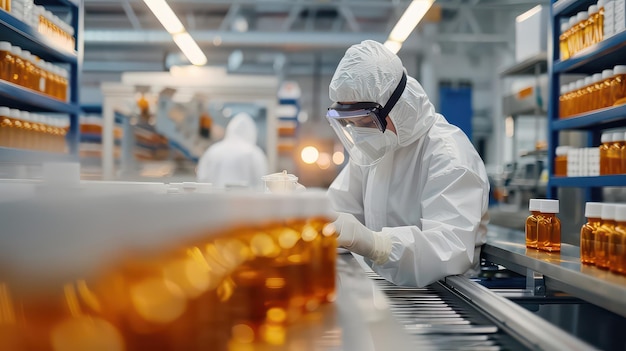 A worker in a hazmat suit at a pharmaceutical factory