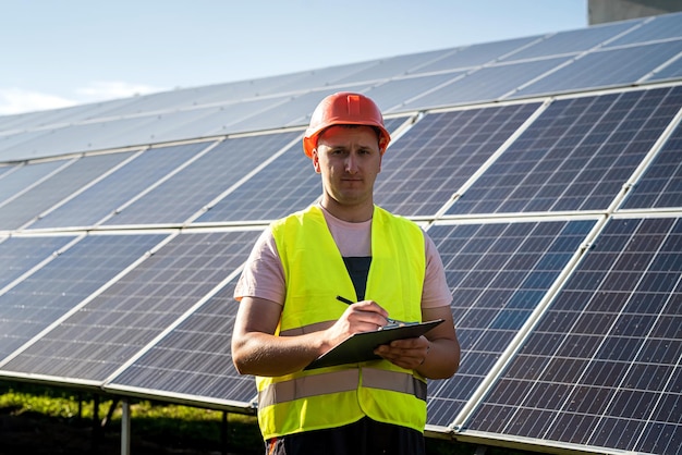 Worker in helmet in protective vest posing against solar panels