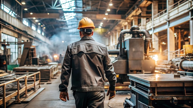 Photo a worker in helmet and work clothes strolls among factory equipment bathed in warm light workplace