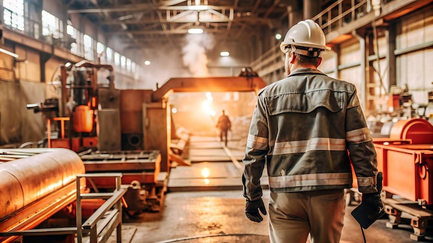 Photo a worker in helmet and work clothes strolls among factory equipment bathed in warm light workplace