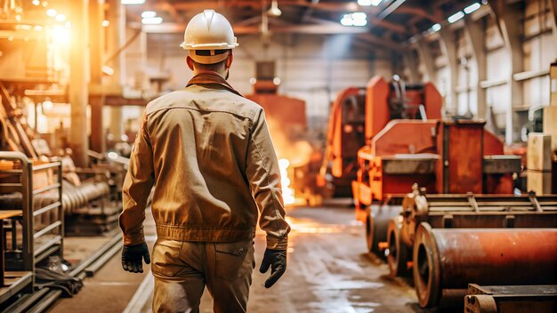 Photo a worker in helmet and work clothes strolls among factory equipment bathed in warm light workplace