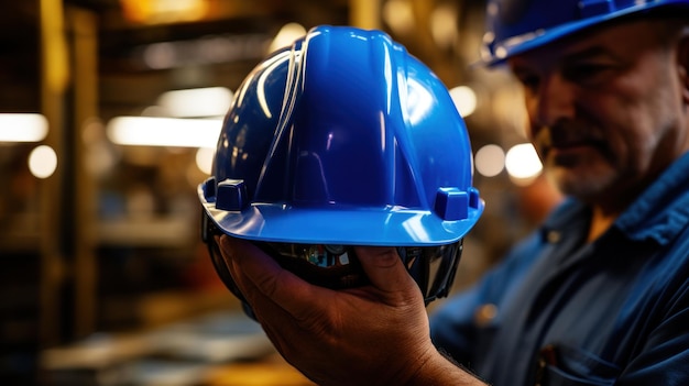 Worker holding a blue hard hat