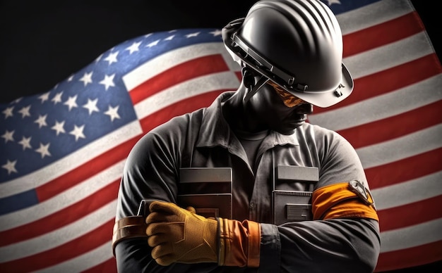 Worker holding tool American flags backgound 3D render Independence day