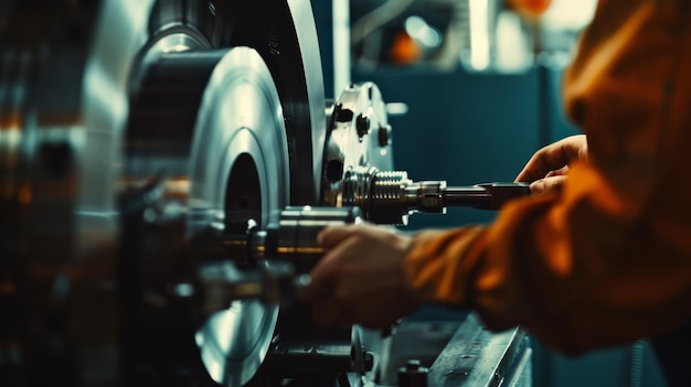 A worker in an industrial setting operates heavy machinery with skillful hands focusing on the detailed mechanisms