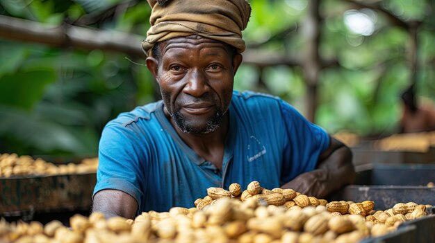 A worker inspecting freshly harvested peanuts ensuring they meet quality standards before be