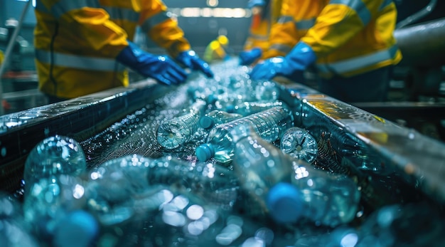 Worker inspecting plastic bottles on a conveyor belt