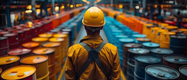 Worker inspects drums at chemical storage facility to maintain containment system integrity Concept Chemical Drums Inspection Storage Facility Maintenance Containment System Integrity