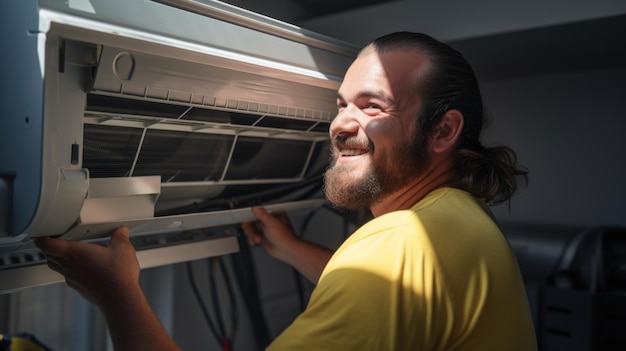 Worker installing an air conditioner or heat pump outdoors in summer with sun light rays falling