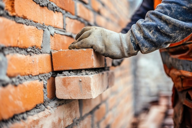 Photo worker installing bricks wall in process of house building