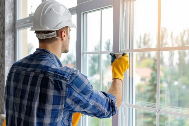 Photo the worker installing and checking window in the house the worker installing and checking window in