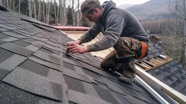 Worker installing roofing shingles by hammering nails into bitumen material