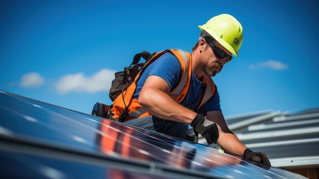 Worker installing solar panel on rooftop against sunshine