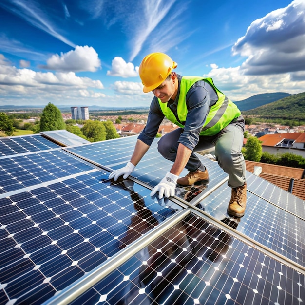 Worker installing solar panels Worker installing solar photovoltaic panels on the rooftop of flat roof buildin