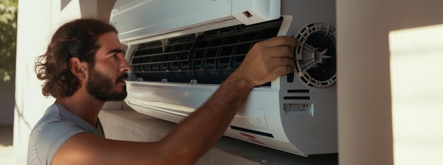 Worker installing a summer air conditioner or heat pump outdoors on hot summer day