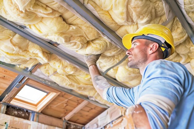 Worker installing sustainable insulation panels focused and careful in a green construction site