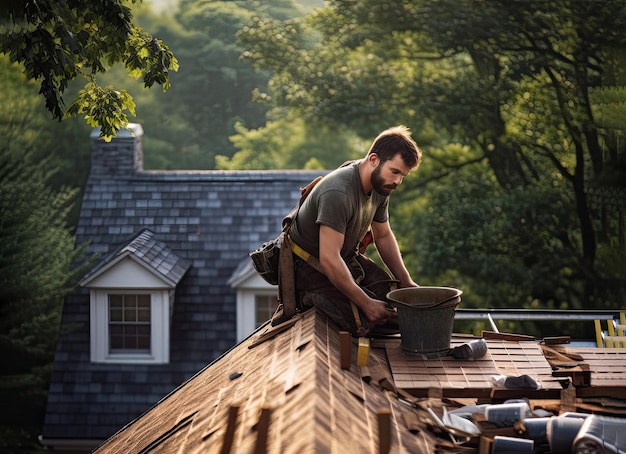 Photo worker installs shingles on the roof of a house