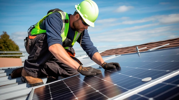 A worker installs a solar panel on the roof Generative AI