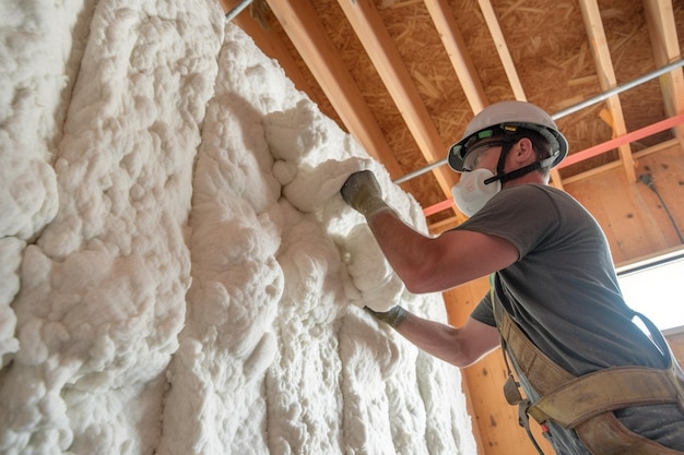 Worker is using a polyurethane foam for gluing drywall at ninety degrees Hand holdin Generative AI