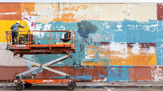 Photo a worker on a lift is painting a mural on a brick wall