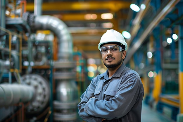 worker Looking at the camera with confident gestures in front of factory