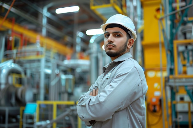 worker Looking at the camera with confident gestures in front of factory