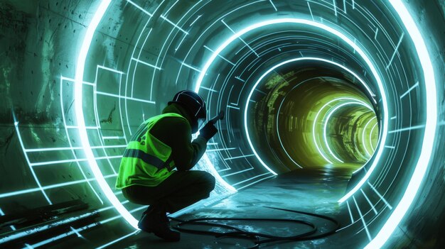 Photo the worker in neon tunnel